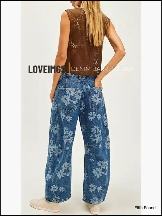 Distressed Floral Patchwork Wide Leg Jeans Mid Rise Barrel Fit - Picture 7 of 7